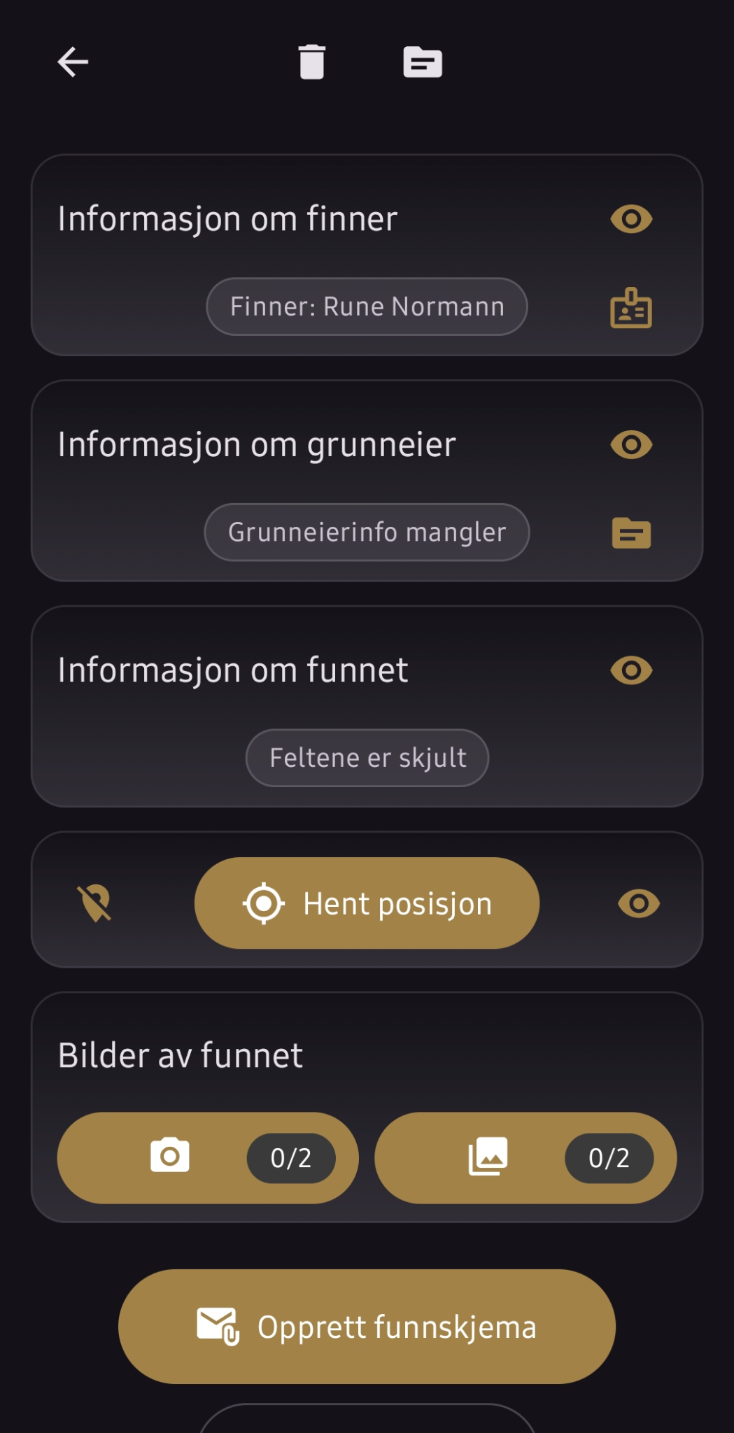 Registreringsskjema i Fornfunn