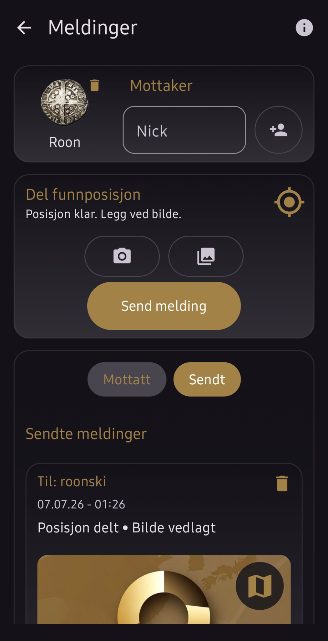 Meldinger og deling av funnposisjon